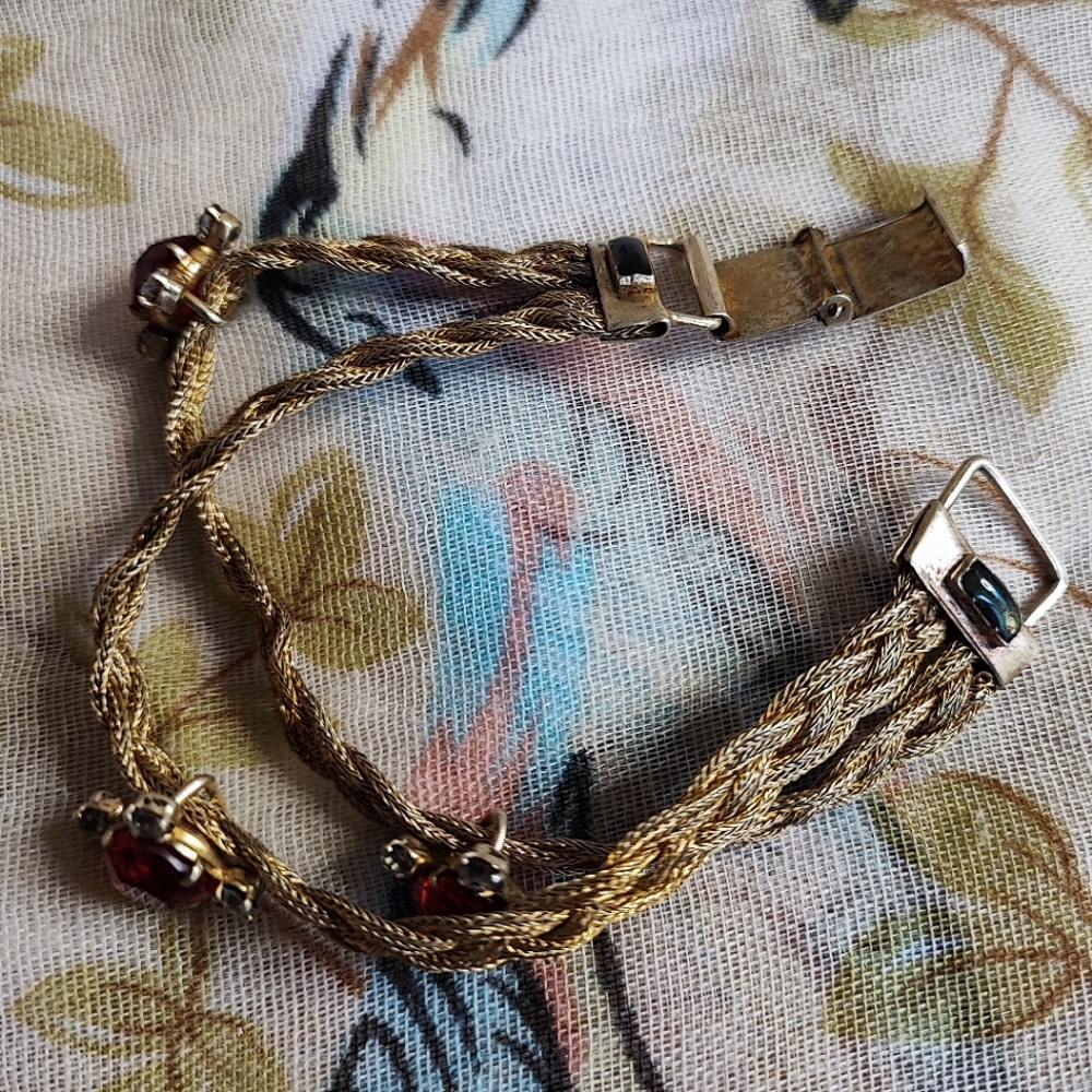 Dual Strand Braided Sterling Vintage Gold Wash Slide Bracelet Red & Gray Stones - Picture 10 of 15